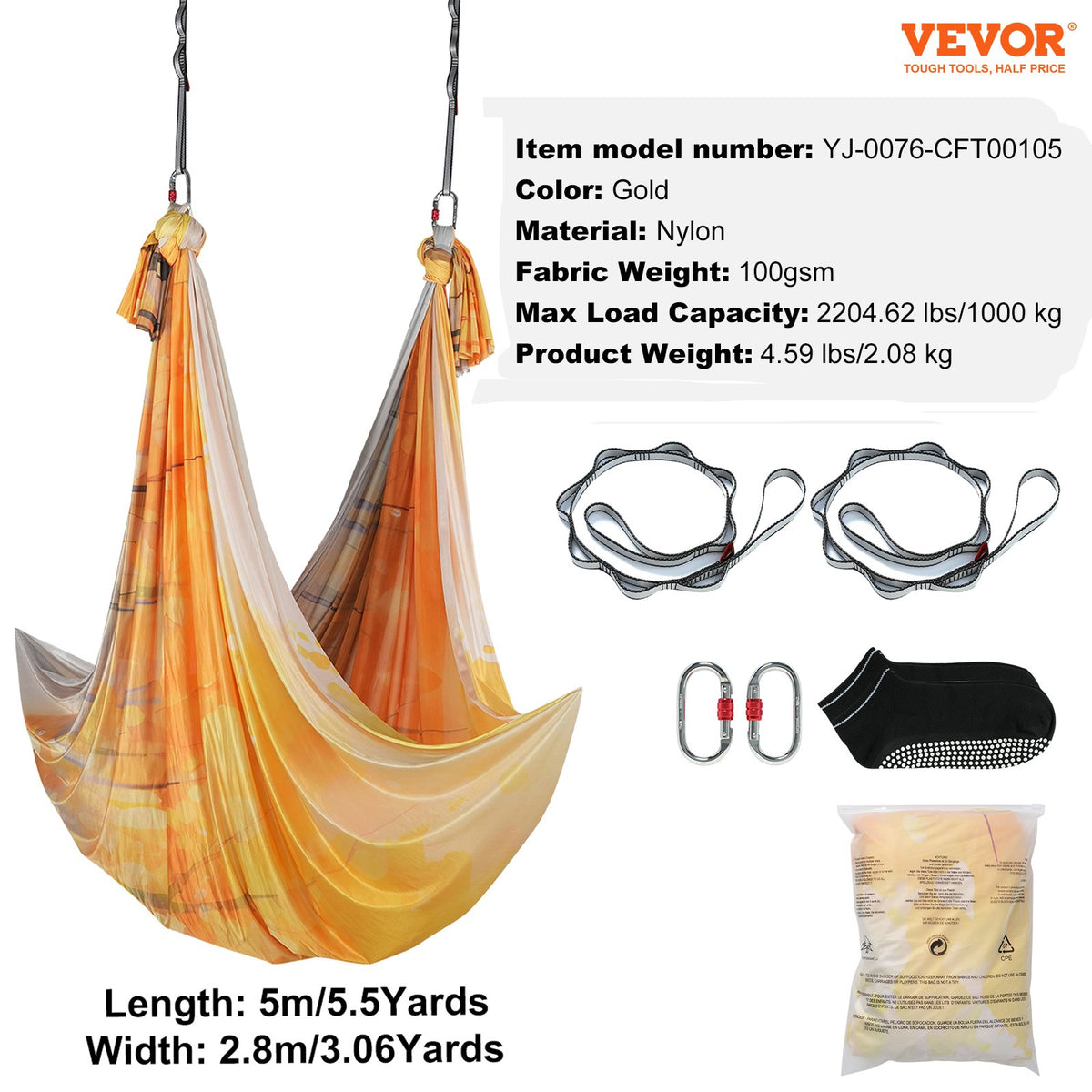 Aerial Yoga Hammock 5m Gold | Antigravity Yoga Swing Kit with Nylon Fabric & Rigging Hardware | For All Levels Fitness & Bodybuilding