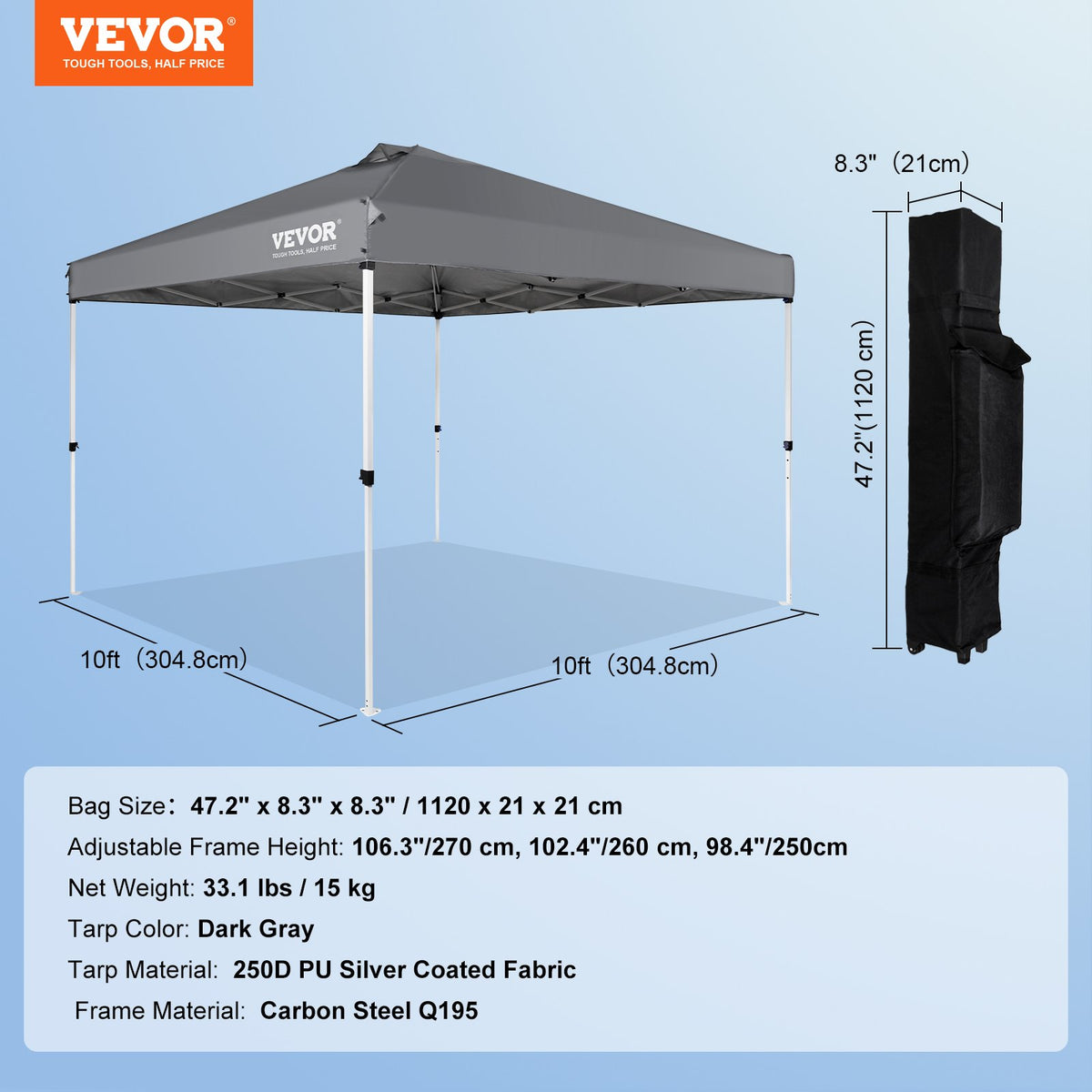 Pop-Up Canopy Tent 10x10FT | 250D PU Silver Coated Waterproof Tarp | Includes Roller Bag & 4 Sandbags | Outdoor Party, Camping & Commercial Gazebo | Dark Grey