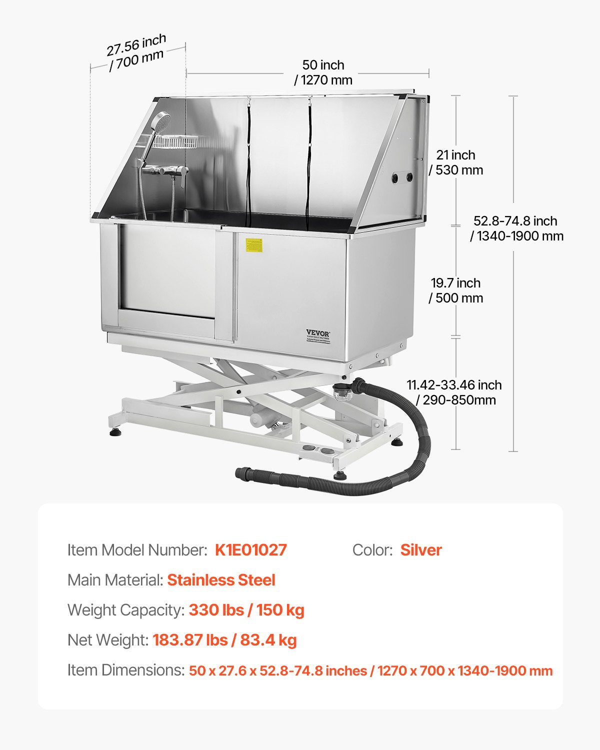 Dog Grooming Tub | 127cm Electric Stainless Steel with Filter | Left Entry