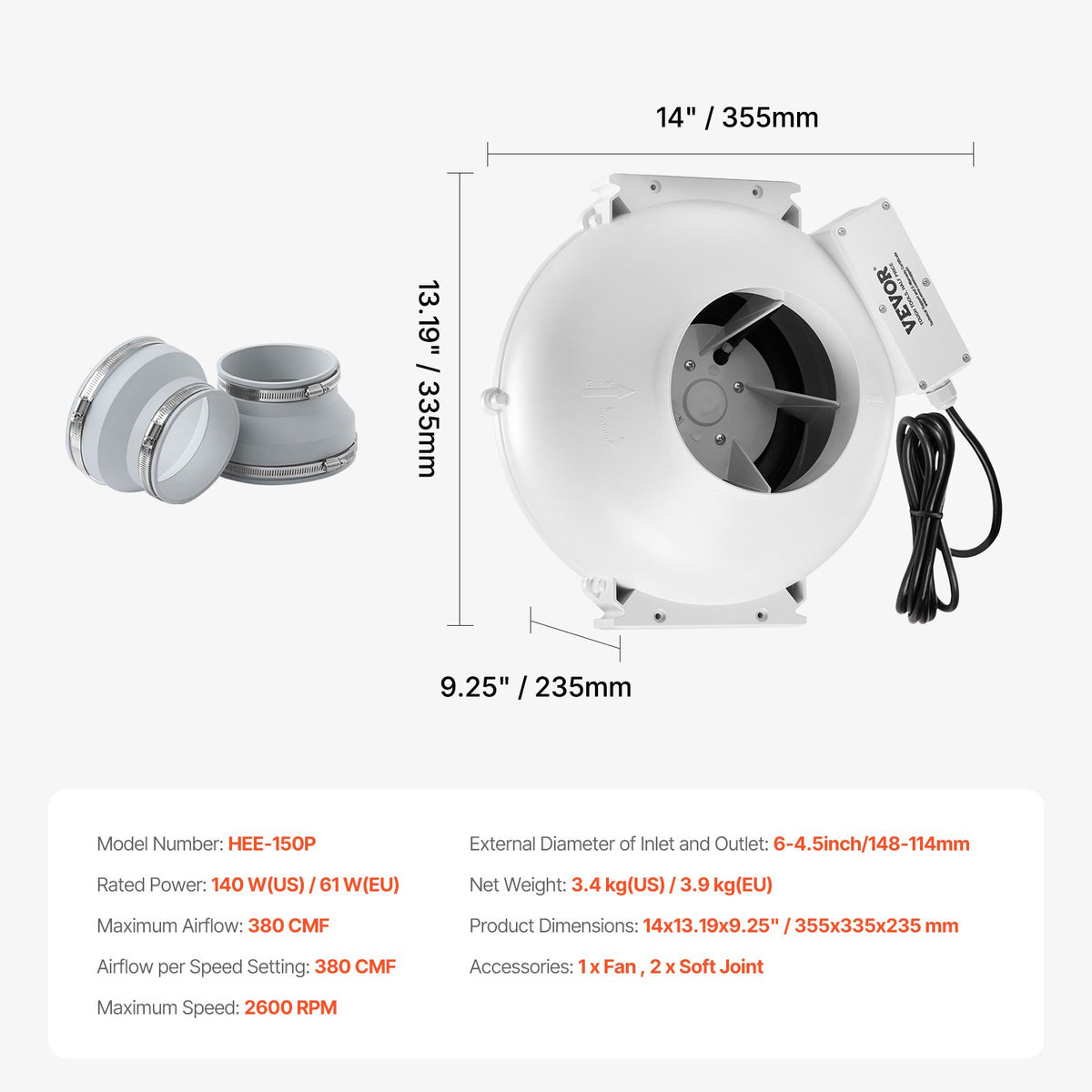 Radon Mitigation Fan | 4–4.5" Quiet 380CFM Inline Duct Waterproof System