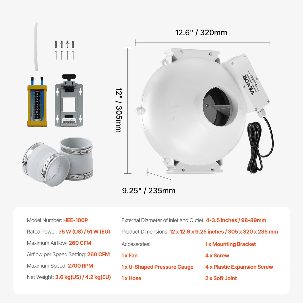 Radon Mitigation Fan Kit | 4" to 3.5" Inline Duct Fan | Quiet 260 CFM Airflow