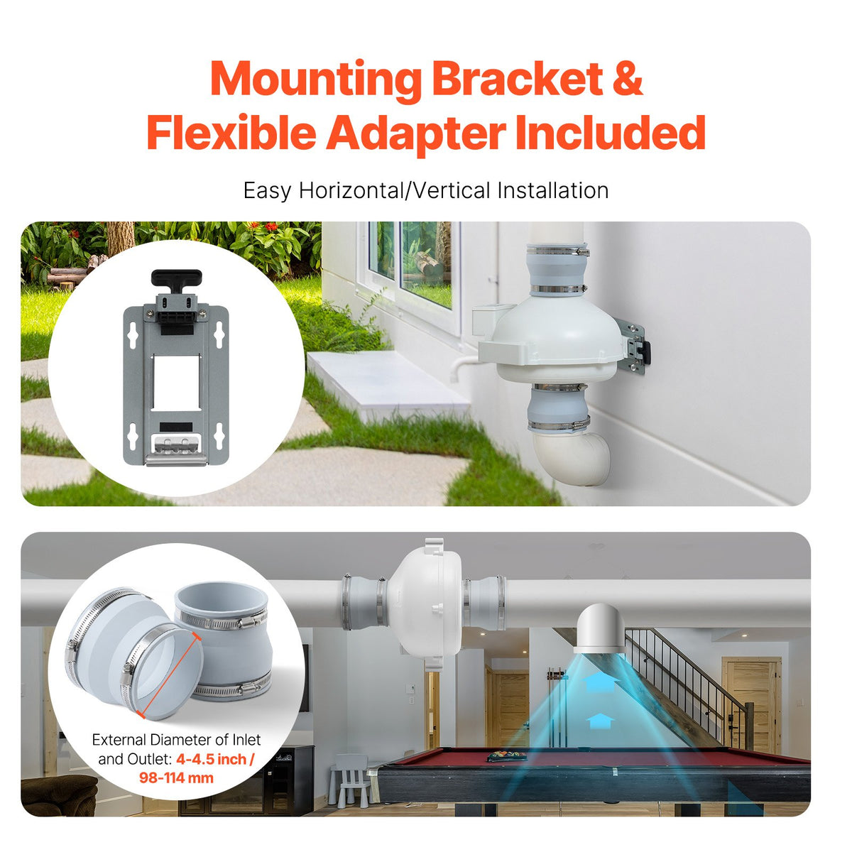 Radon Mitigation Fan Kit | 4" to 4.5" Inline Duct Fan | Quiet 260 CFM Airflow