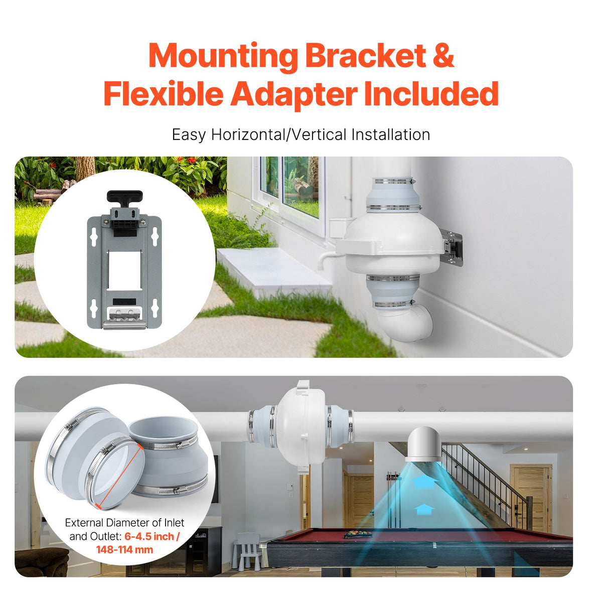 Radon Mitigation Fan Kit | 6" to 4.5" Inline Duct Fan | Quiet 380 CFM Airflow