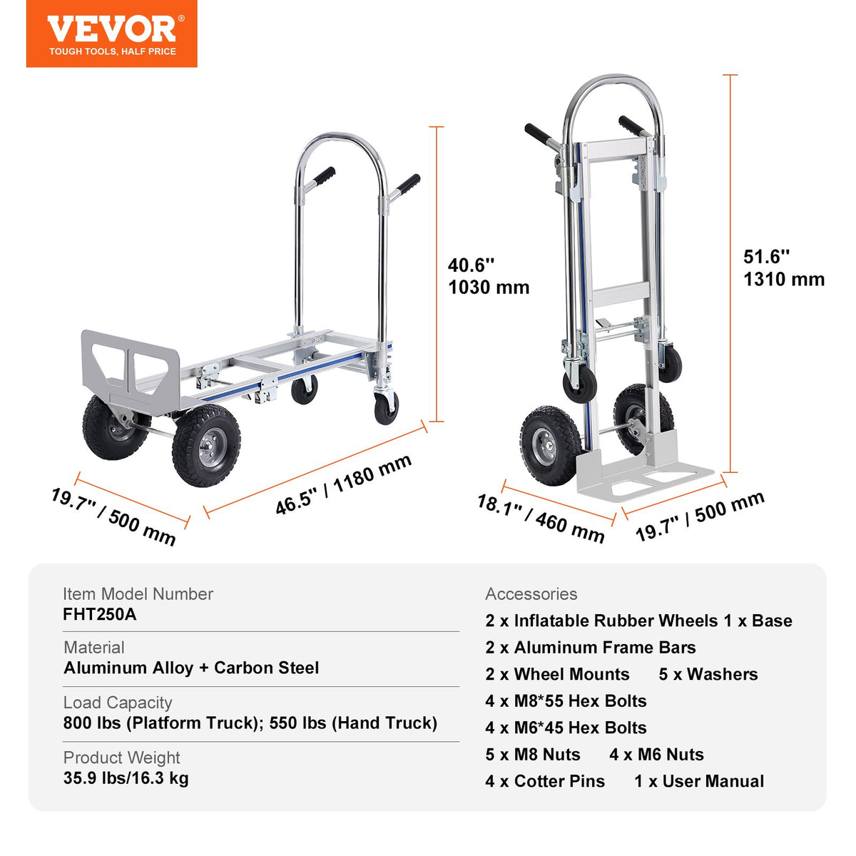Aluminium Hand Truck 2-in-1 | 363kg Capacity Convertible Folding Trolley | Heavy Duty Utility Cart with Rubber Wheels