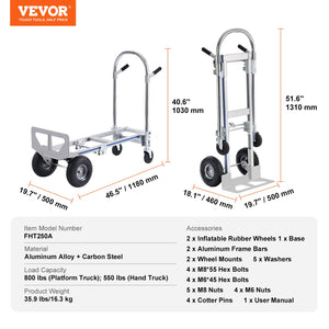 Aluminium Hand Truck 2-in-1 | 363kg Capacity Convertible Folding Trolley | Heavy Duty Utility Cart with Rubber Wheels