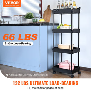 4-Tier Kitchen Rolling Cart | Black Utility Basket with Wheels & Handle