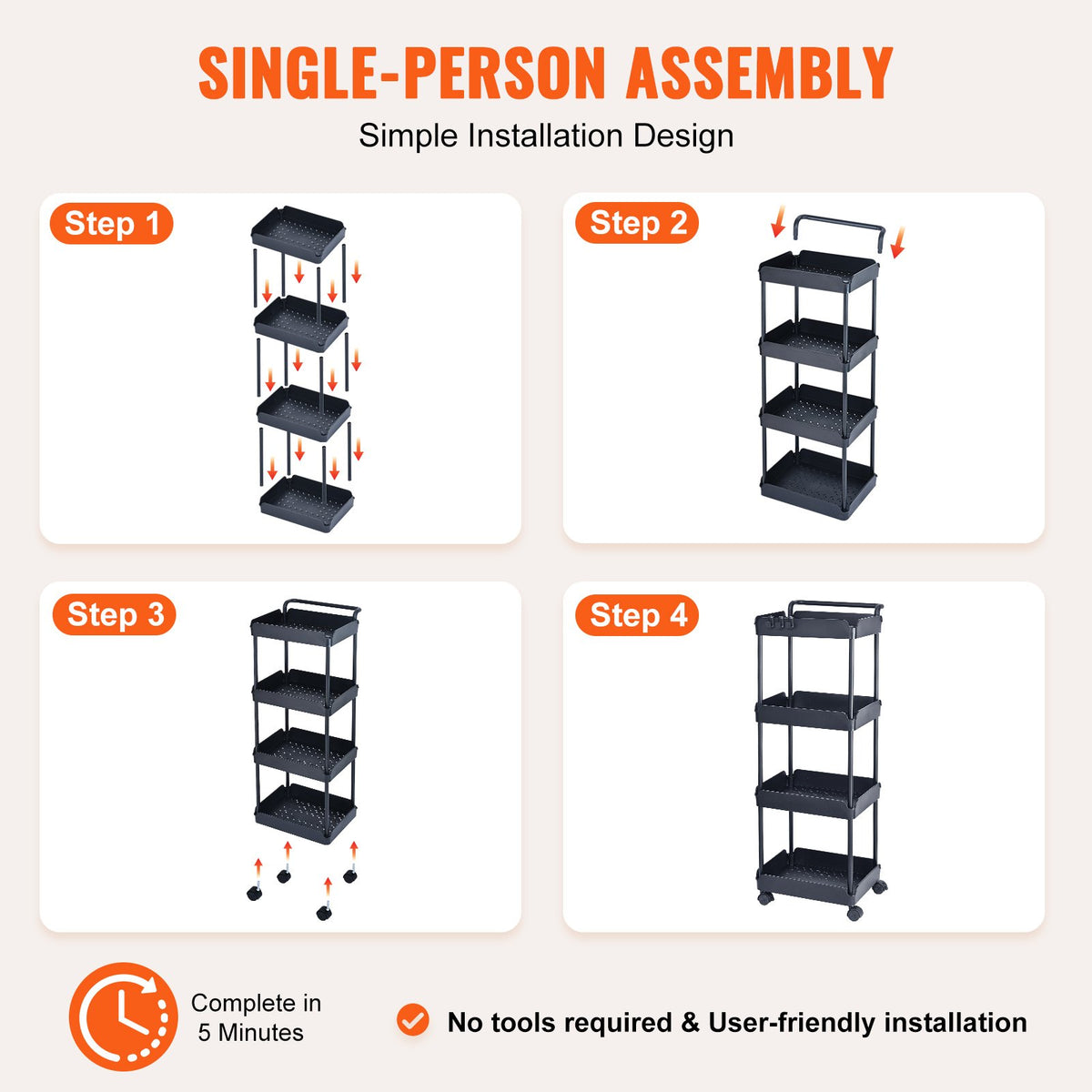 4-Tier Kitchen Rolling Cart | Black Utility Basket with Wheels & Handle
