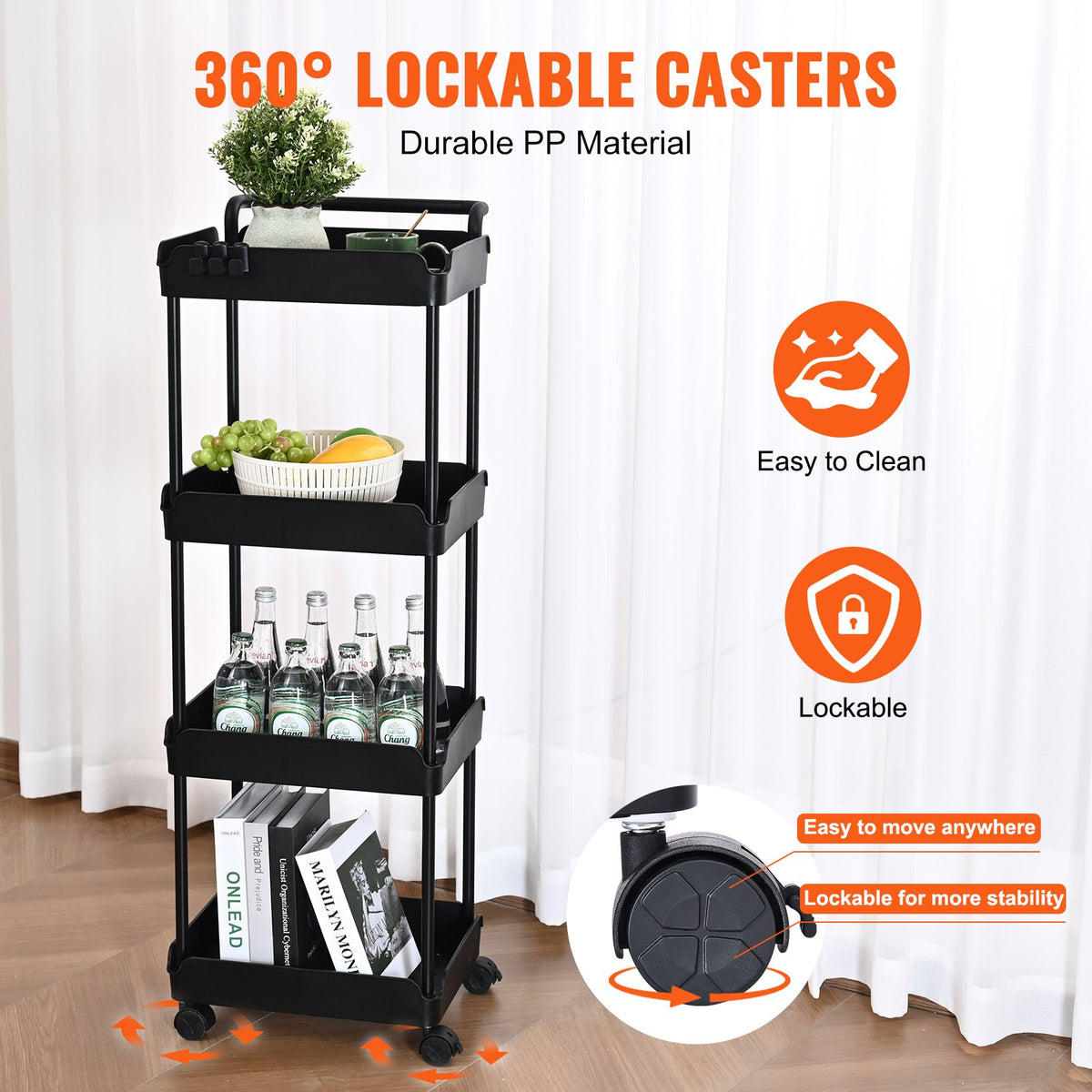 4-Tier Kitchen Rolling Cart | Black Utility Basket with Wheels & Handle