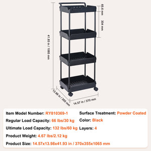 4-Tier Kitchen Rolling Cart | Black Utility Basket with Wheels & Handle