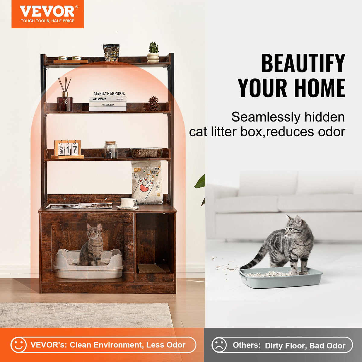 Cat Litter Box Enclosure | Wooden Furniture with 3 Storage Shelves