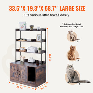 Cat Litter Box Enclosure | Wooden Furniture with 3 Storage Shelves
