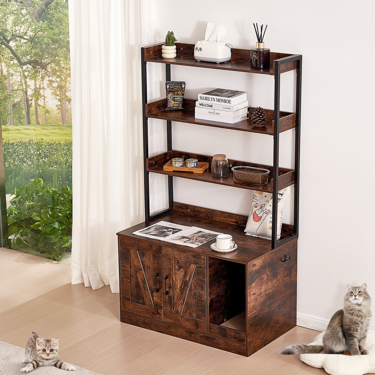 Cat Litter Box Enclosure | Wooden Furniture with 3 Storage Shelves