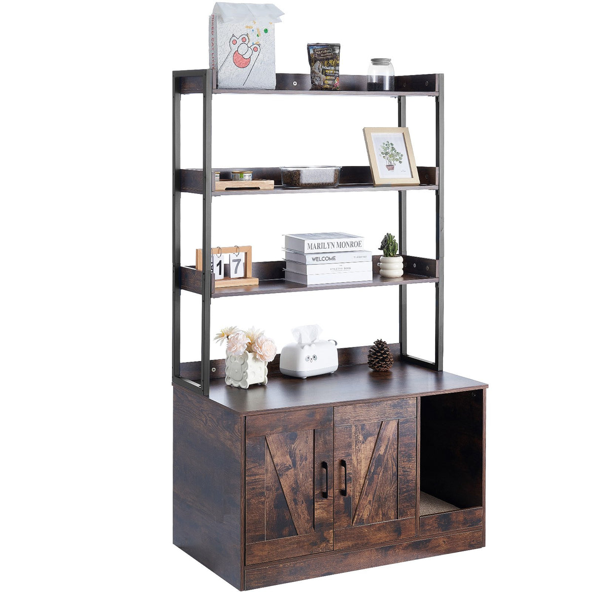 Cat Litter Box Enclosure | Wooden Furniture with 3 Storage Shelves