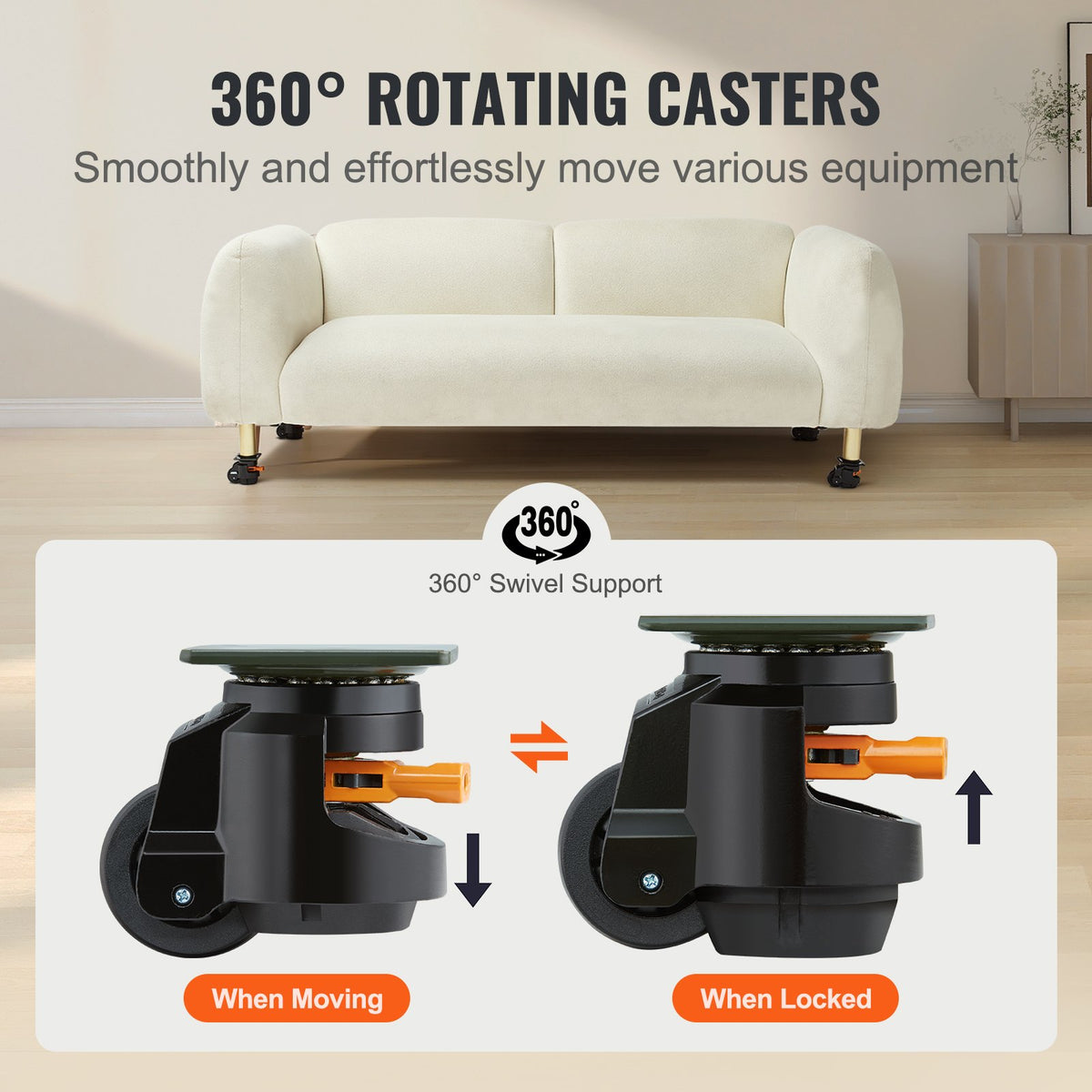 Leveling Casters Set of 4 | 1000kg Load Capacity | 63.5mm Wheels | Adjustable Swivel with Feet