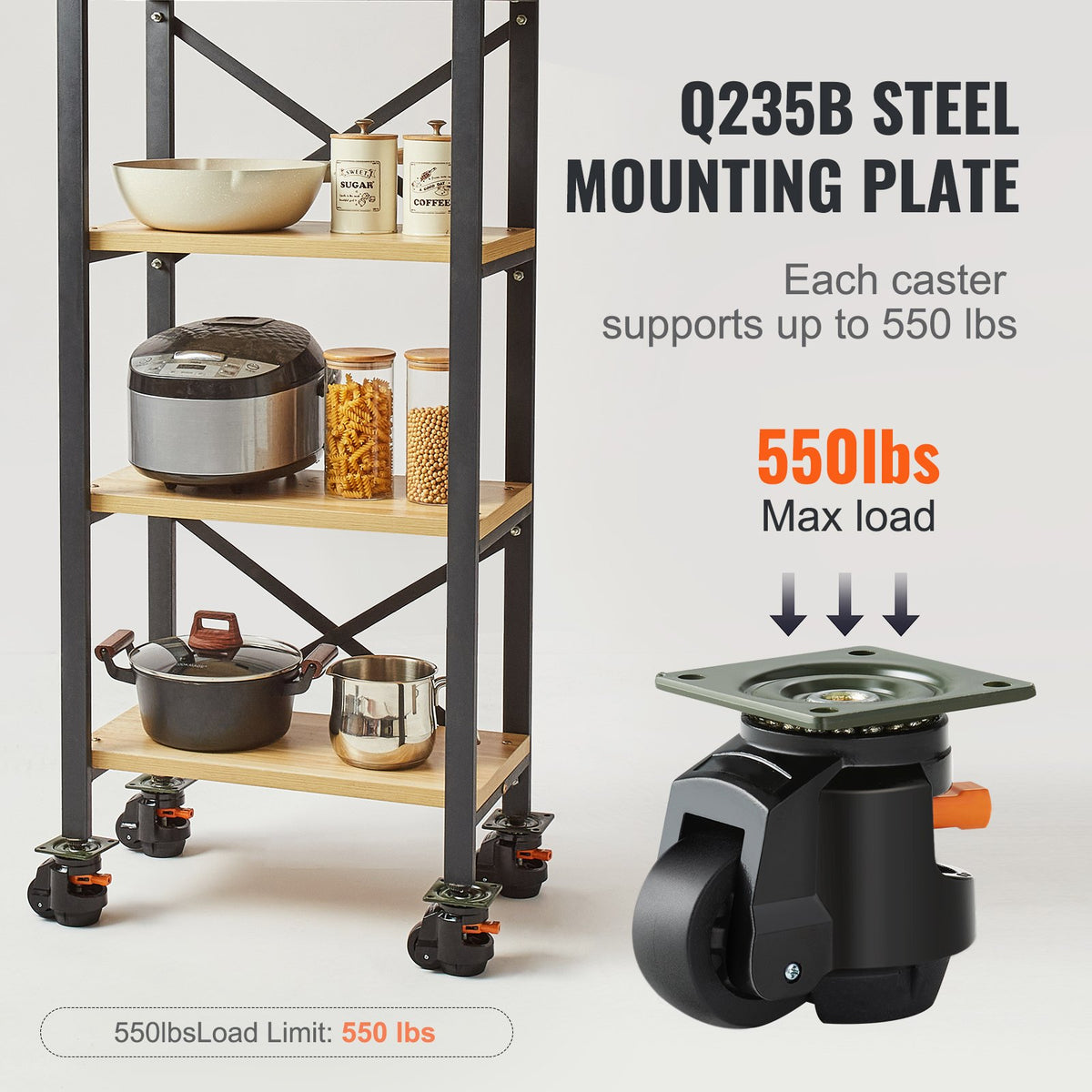 Leveling Casters Set of 4 | 1000kg Load Capacity | 63.5mm Wheels | Adjustable Swivel with Feet