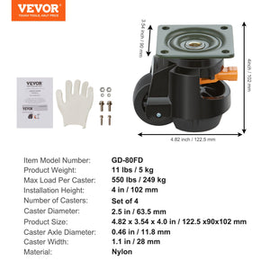 Leveling Casters Set of 4 | 1000kg Load Capacity | 63.5mm Wheels | Adjustable Swivel with Feet