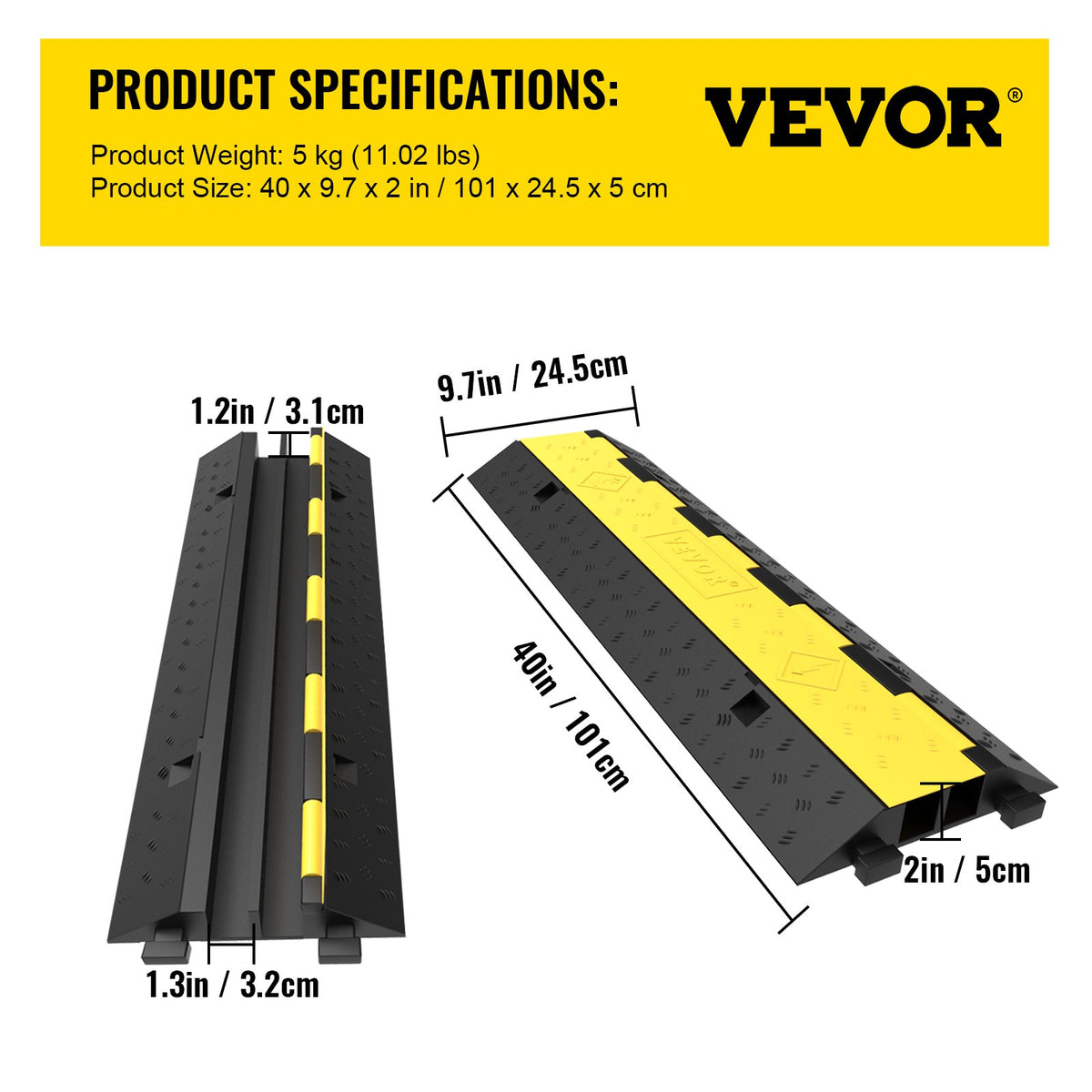 Cable Protector Ramp 5 Pack | 2 Channel Rubber Speed Bump with 11,000lbs Load Capacity | For Driveways & Cord Protection