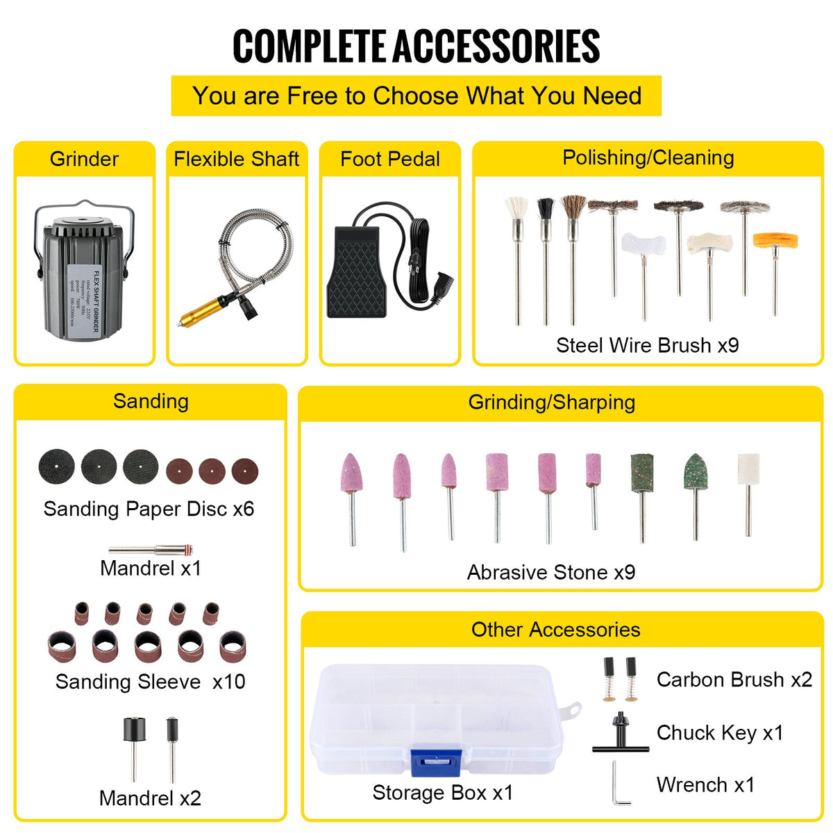 Flex Shaft Grinder Kit | 780W Rotary Tool with Foot Pedal & 45 Accessories | 6.5mm Chuck