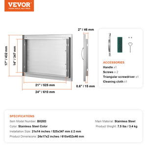 BBQ Access Door | 610x432mm Single Stainless Steel Outdoor Kitchen Door | Flush Mount for BBQ Island & Cabinets