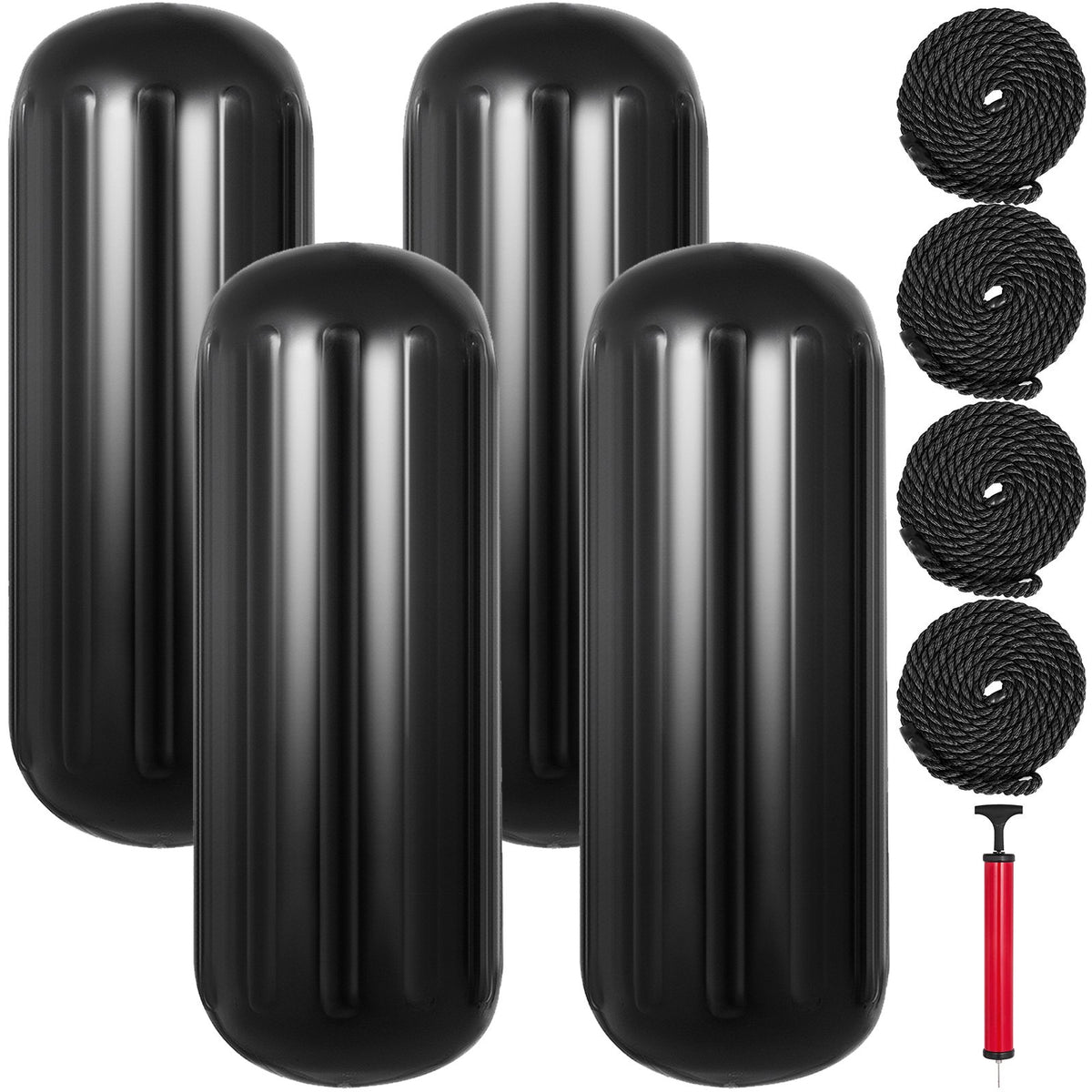 Boat Fenders | 4-Pack 10x28" Ribbed Inflatable Bumpers with Ropes | Black Marine-Grade for Pontoon, Sailboat, Ski Boat