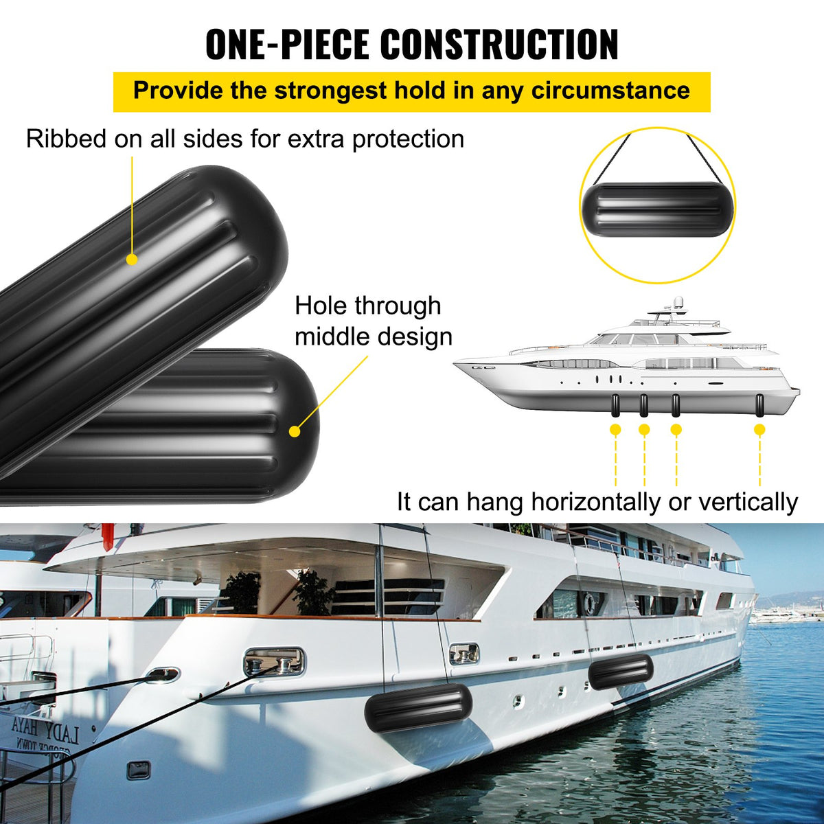 Boat Fenders | 4-Pack 10x28" Ribbed Inflatable Bumpers with Ropes | Black Marine-Grade for Pontoon, Sailboat, Ski Boat