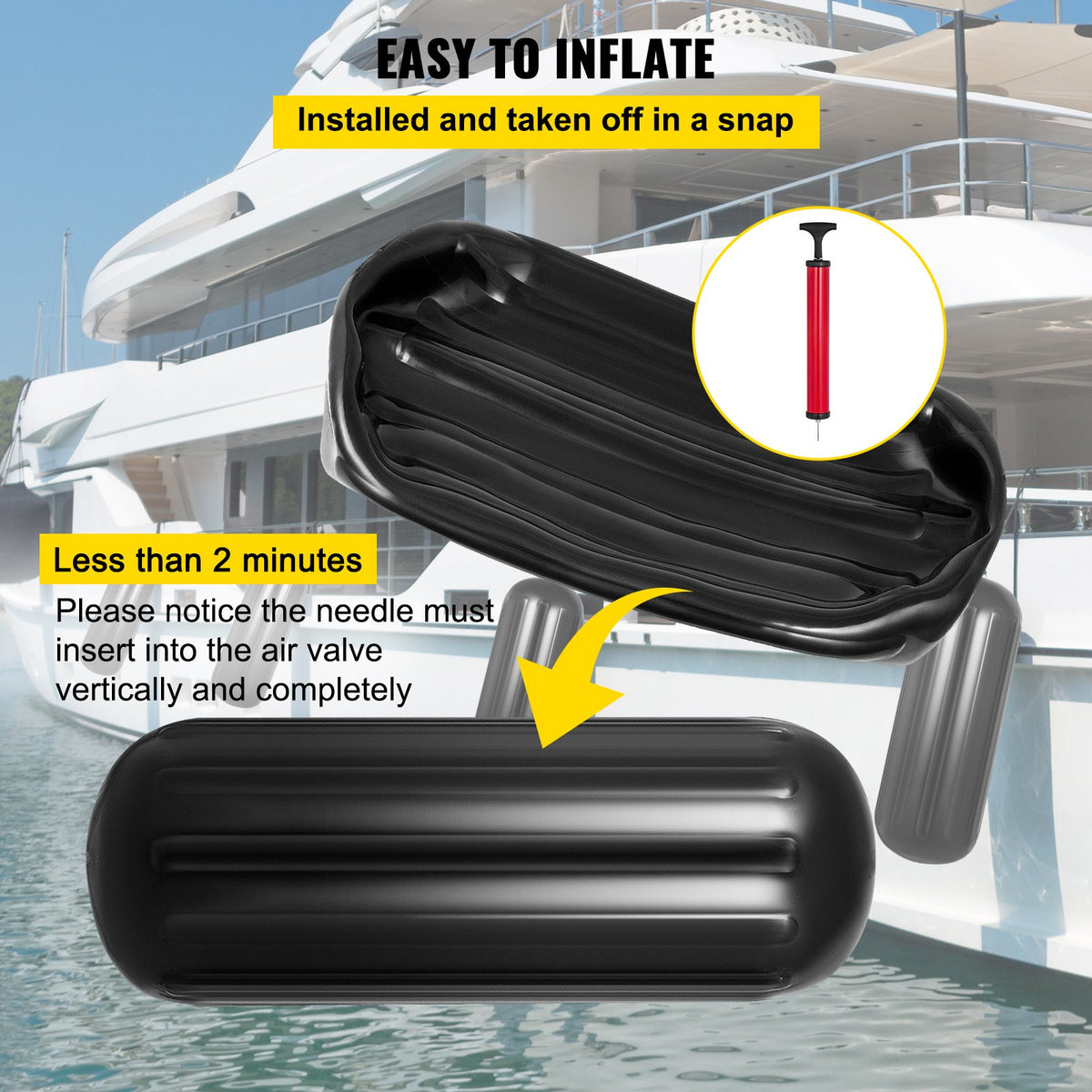 Boat Fenders | 4-Pack 10x28" Ribbed Inflatable Bumpers with Ropes | Black Marine-Grade for Pontoon, Sailboat, Ski Boat