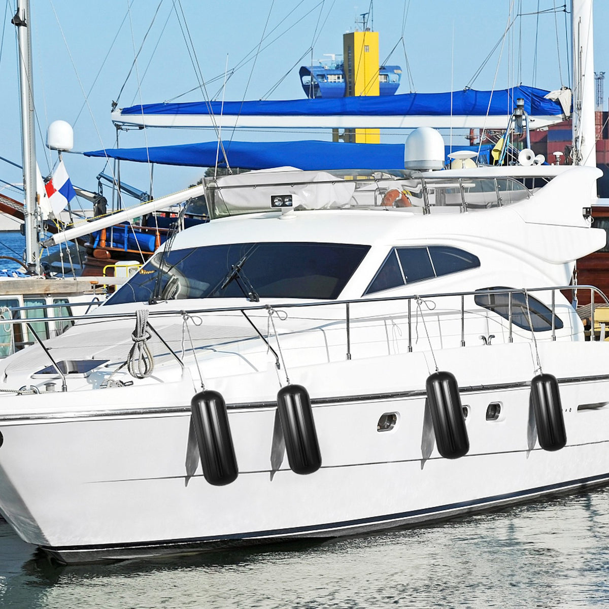 Boat Fenders | 4-Pack 10x28" Ribbed Inflatable Bumpers with Ropes | Black Marine-Grade for Pontoon, Sailboat, Ski Boat