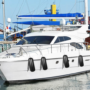 Boat Fenders | 4-Pack 10x28" Ribbed Inflatable Bumpers with Ropes | Black Marine-Grade for Pontoon, Sailboat, Ski Boat