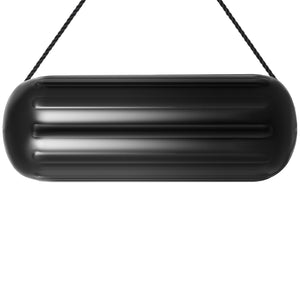 Boat Fenders | 4-Pack 10x28" Ribbed Inflatable Bumpers with Ropes | Black Marine-Grade for Pontoon, Sailboat, Ski Boat