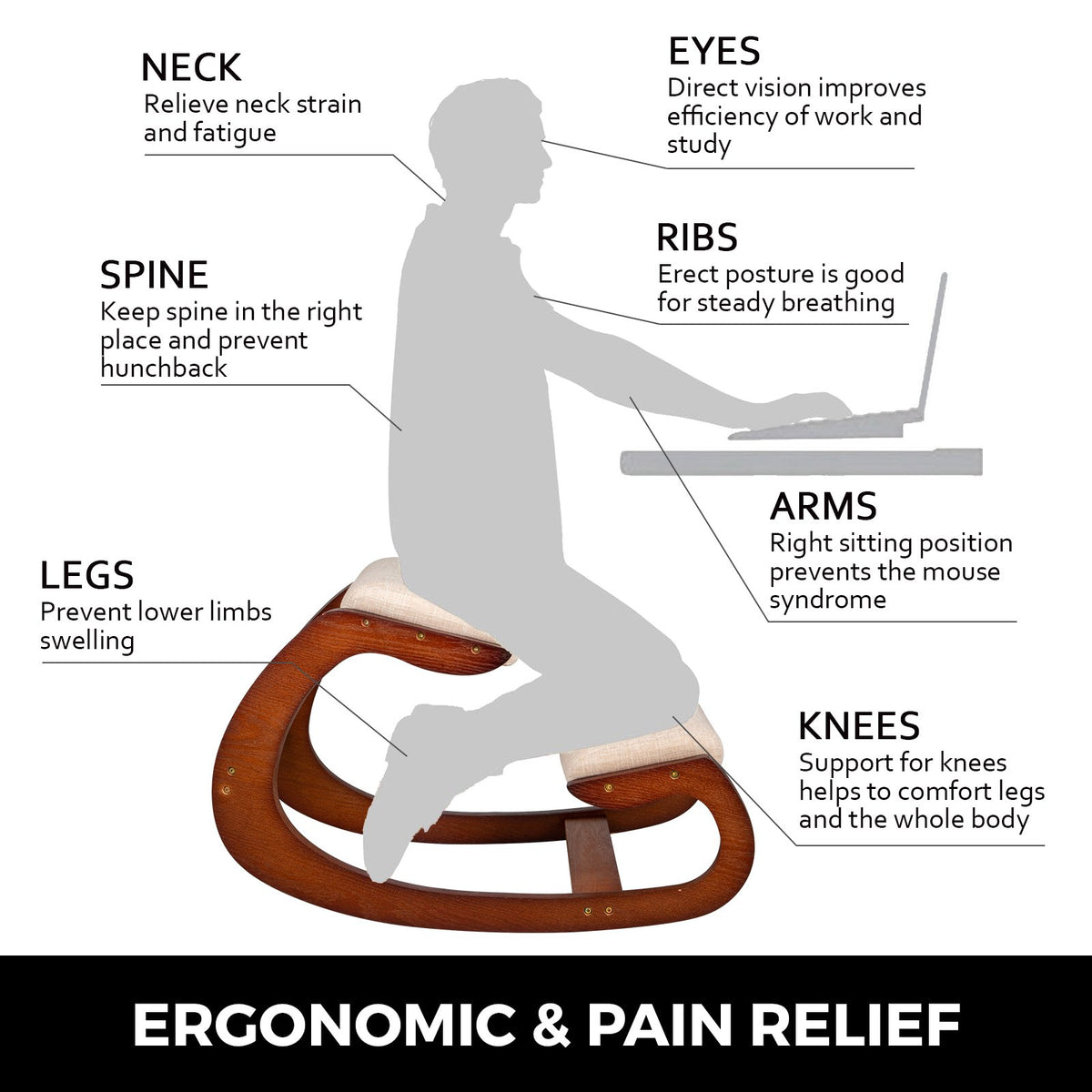 Ergonomic Kneeling Chair | Wooden Frame Posture Stool for Neck Pain