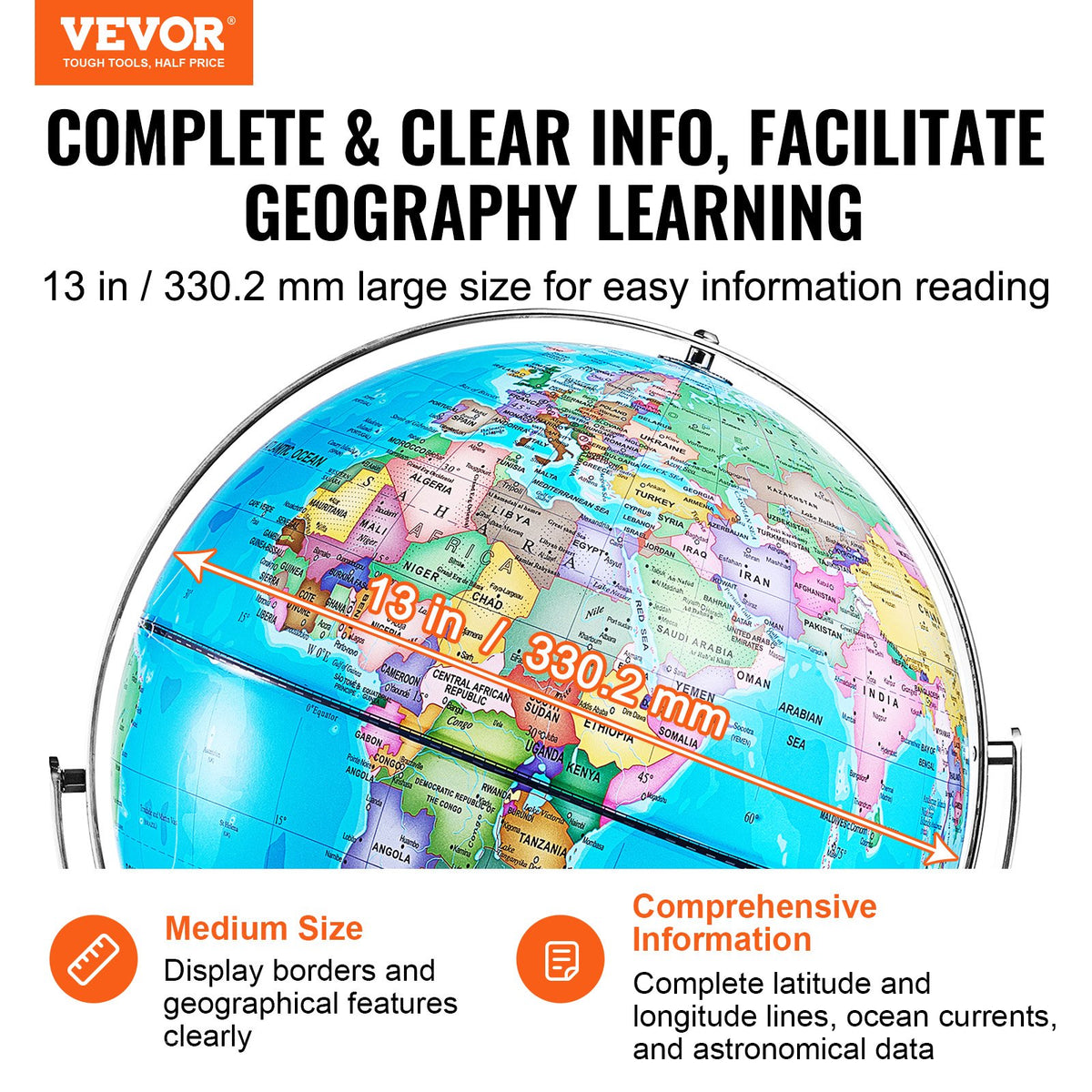 Rotating World Globe with Stand 330.2mm | Educational Geographic Globe with Time Zone Display