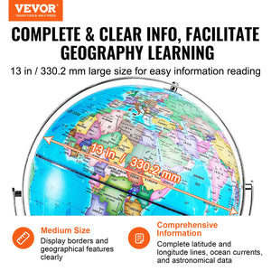 Rotating World Globe with Stand 330.2mm | Educational Geographic Globe with Time Zone Display