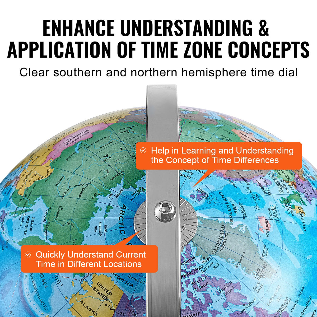 Rotating World Globe with Stand 330.2mm | Educational Geographic Globe with Time Zone Display