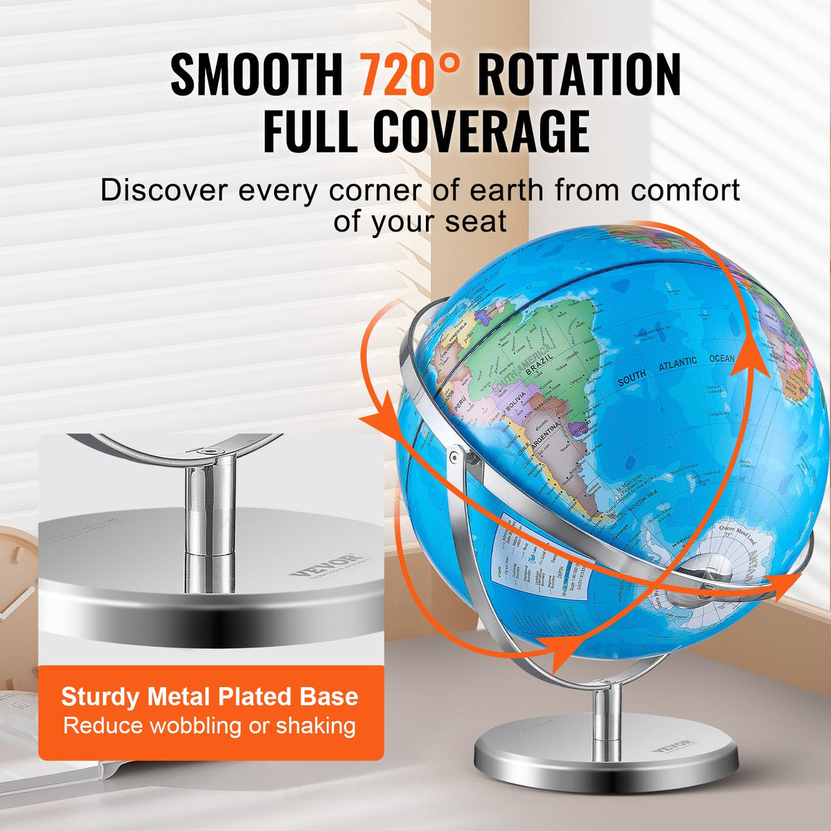 Rotating World Globe with Stand 330.2mm | Educational Geographic Globe with Time Zone Display