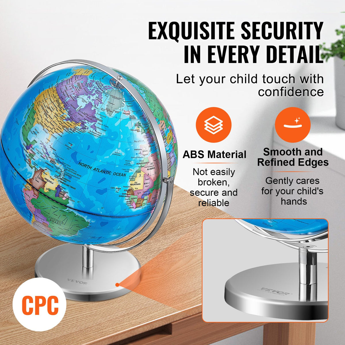 Rotating World Globe with Stand 330.2mm | Educational Geographic Globe with Time Zone Display