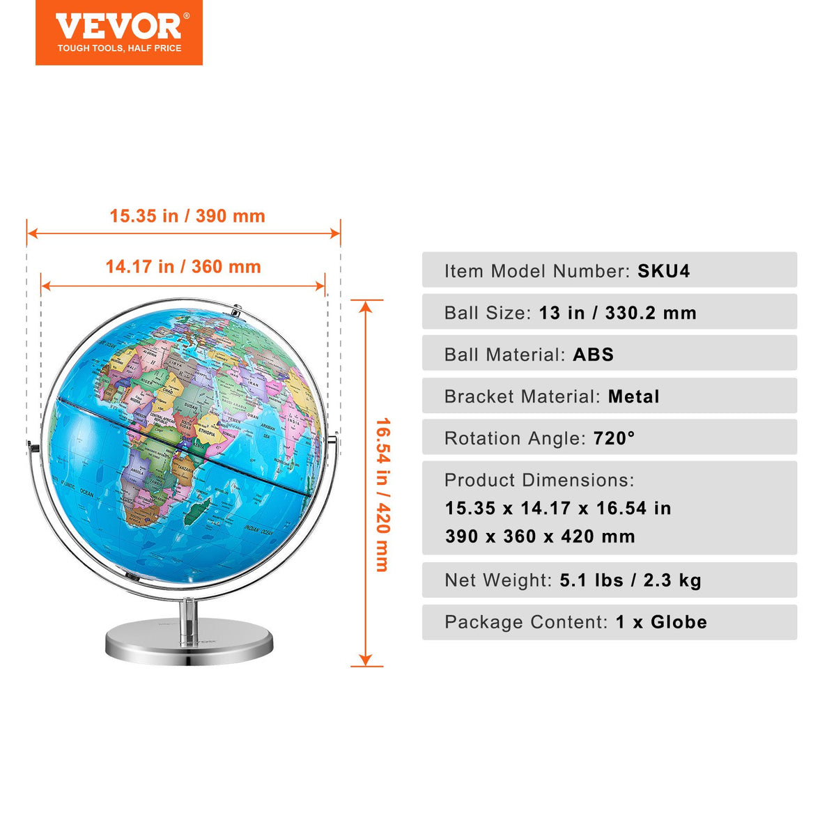 Rotating World Globe with Stand 330.2mm | Educational Geographic Globe with Time Zone Display