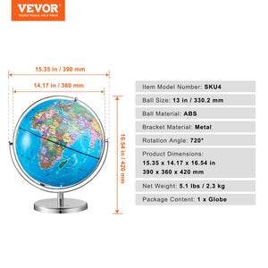 Rotating World Globe with Stand 330.2mm | Educational Geographic Globe with Time Zone Display