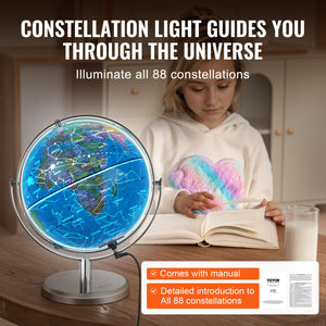 Illuminated World Globe with Stand | 228.6mm Educational Earth Globe | Heavy Metal Base | LED Constellation Night Light | HD Printed Spinning Map for Kids Classroom Learning