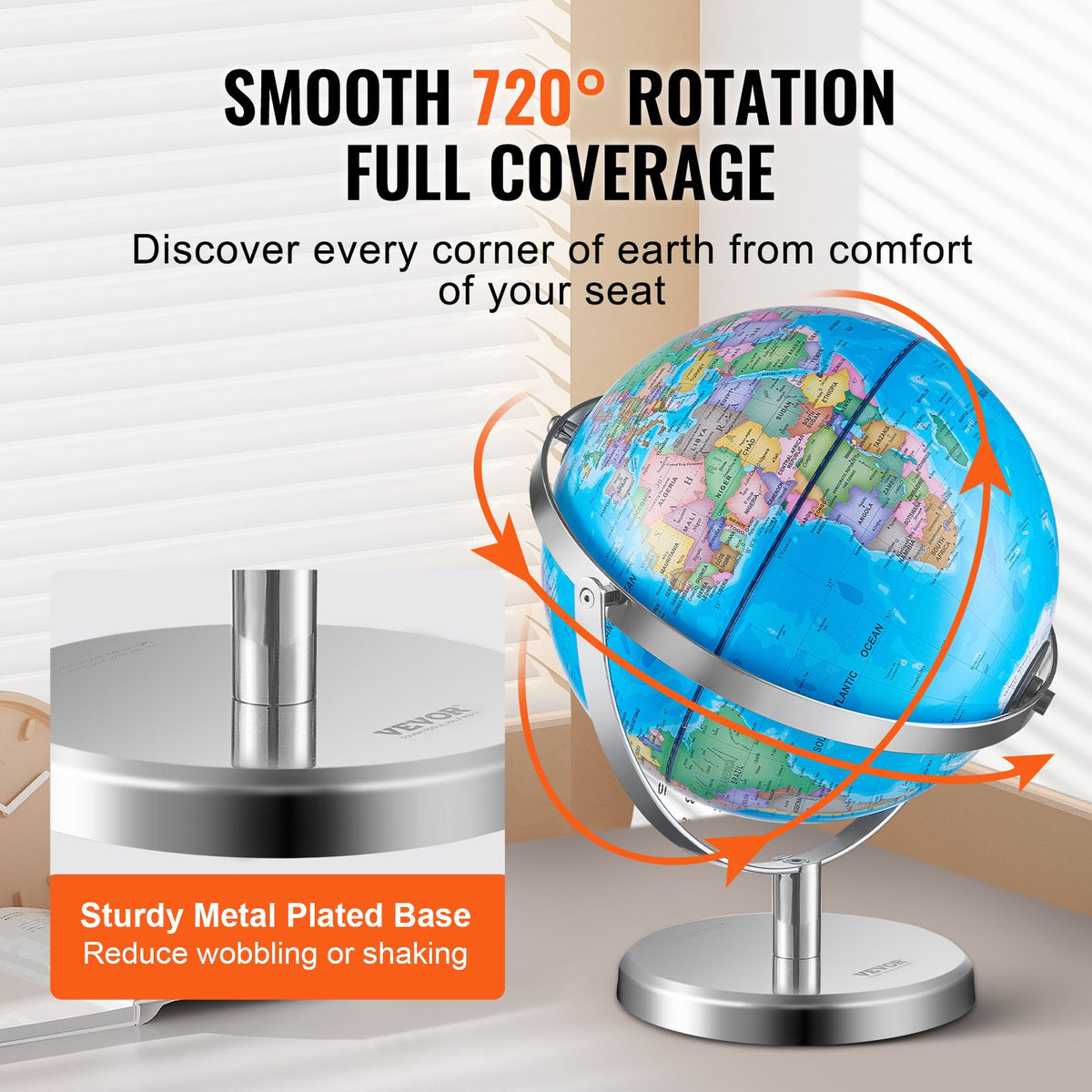 Illuminated World Globe with Stand | 228.6mm Educational Earth Globe | Heavy Metal Base | LED Constellation Night Light | HD Printed Spinning Map for Kids Classroom Learning