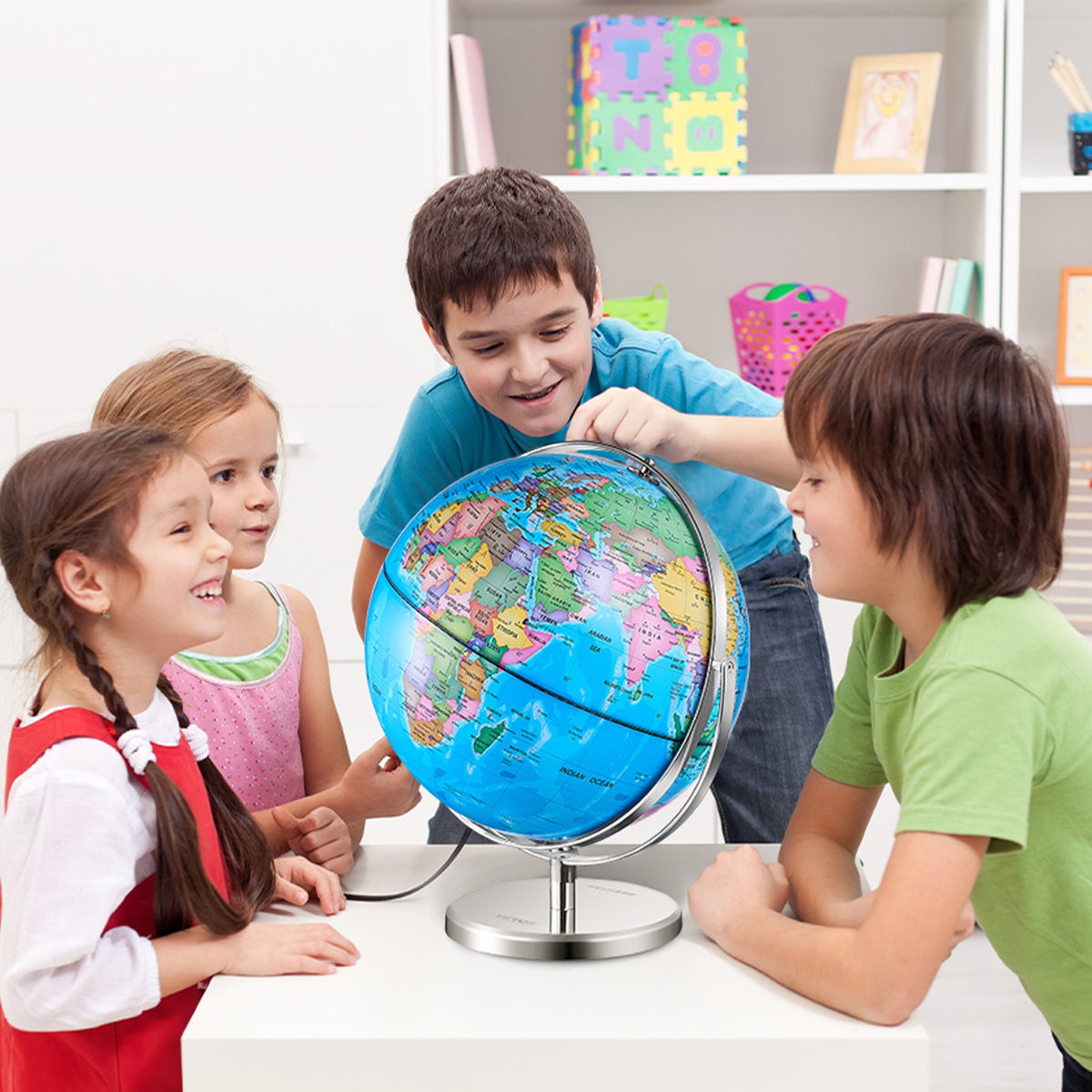 Illuminated World Globe with Stand | 228.6mm Educational Earth Globe | Heavy Metal Base | LED Constellation Night Light | HD Printed Spinning Map for Kids Classroom Learning