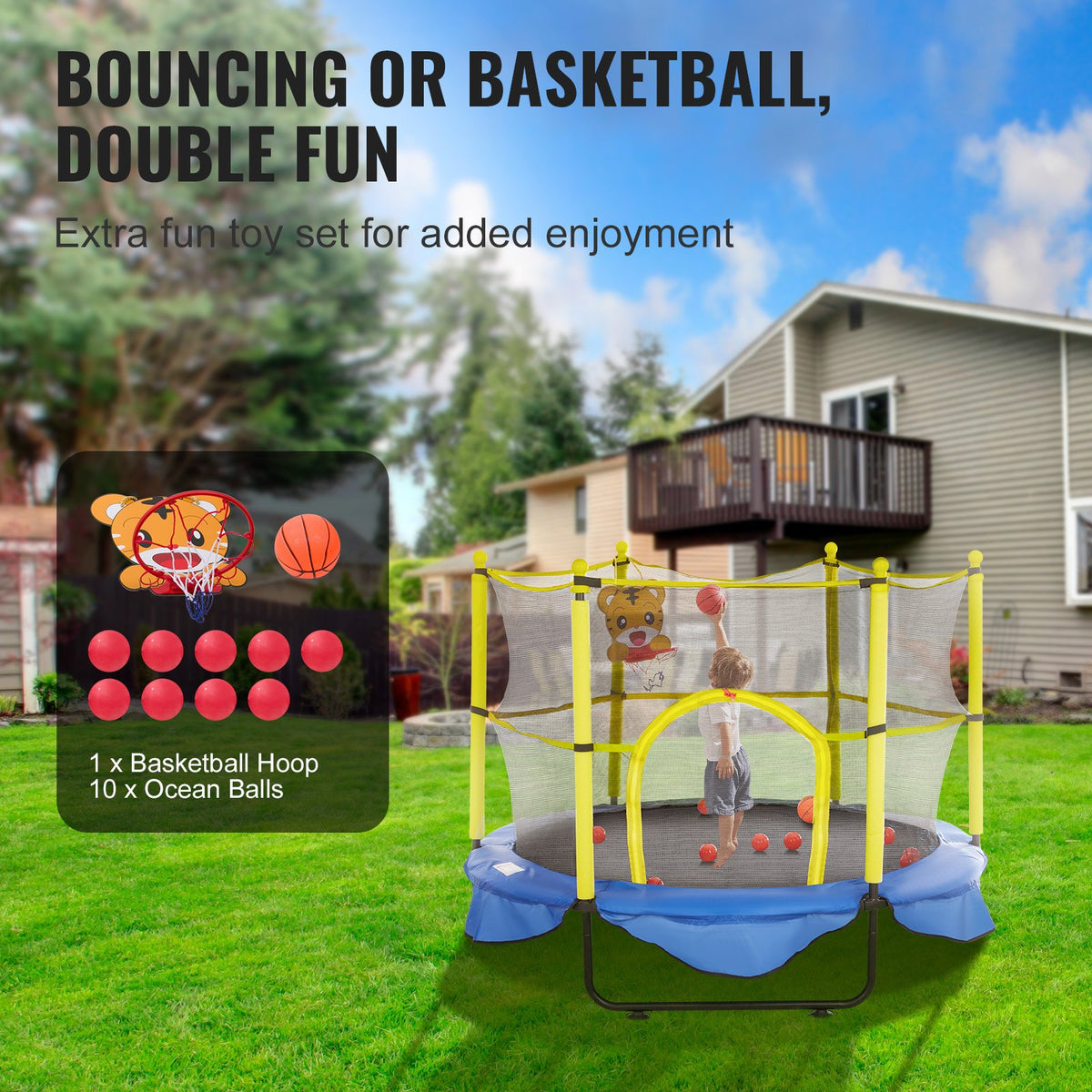 Kids Trampoline | 5ft with Safety Net, Basketball Hoop & Ocean Balls | Indoor/Outdoor Mini Bouncer