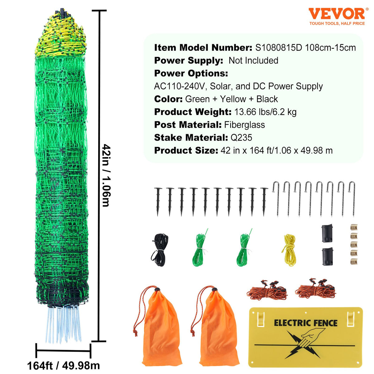 Electric Fence Netting 1.06x49.98m | PE Mesh with Double-Spiked Stakes & Posts | For Goats, Sheep, Dogs & Farm Use