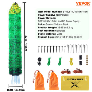 Electric Fence Netting 1.06x49.98m | PE Mesh with Double-Spiked Stakes & Posts | For Goats, Sheep, Dogs & Farm Use