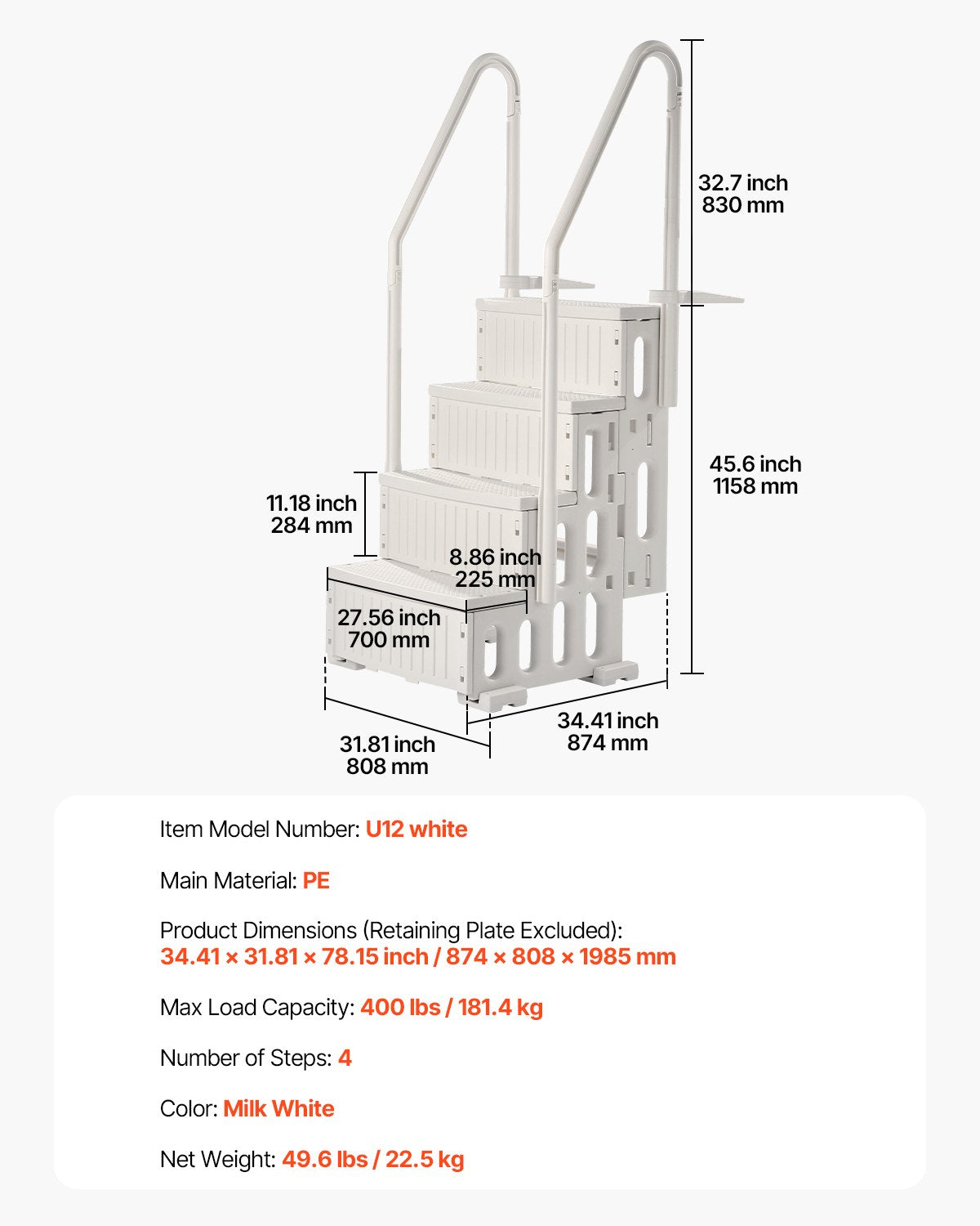 Pool Ladder | 4-Step White Robust Design | Dual Handrails for 122–137cm Pools
