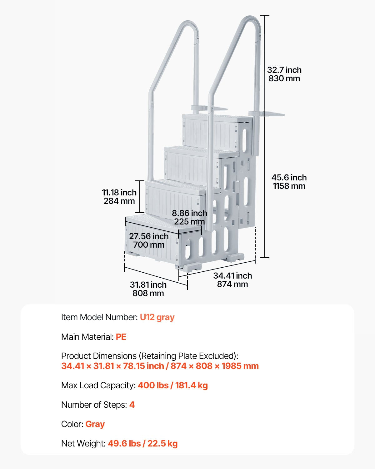Pool Ladder | 4-Step Grey Robust Design | Dual Handrails for 122–137cm Pools