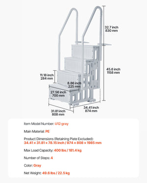 Pool Ladder | 4-Step Grey Robust Design | Dual Handrails for 122–137cm Pools
