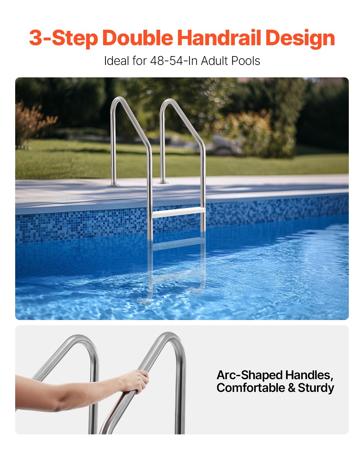 Stainless Steel Pool Ladder | 3-Step with 2 Handrails | 1219–1371mm Pools