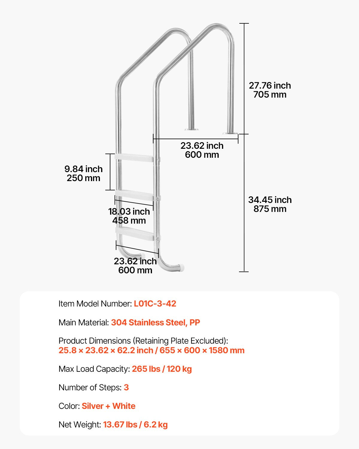 Stainless Steel Pool Ladder | 3-Step with 2 Handrails | 1219–1371mm Pools