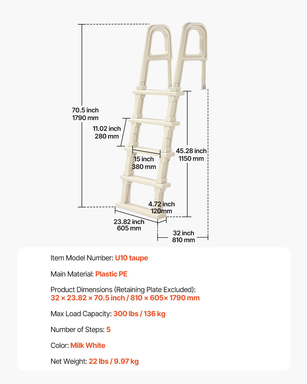 Pool Ladder | 5-Step Inclined with Dual Handrails for 122–137cm Pools
