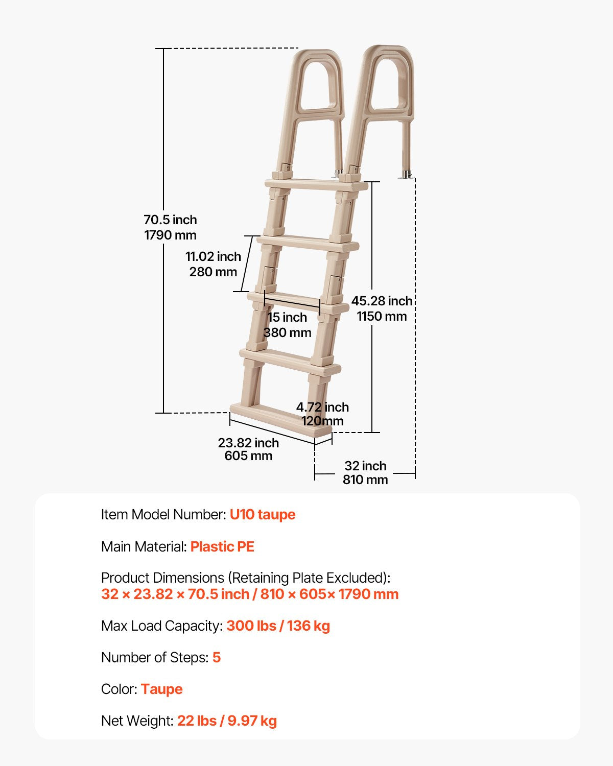 Pool Ladder | 5-Step Inclined with Dual Handrails for 122–137cm Pools